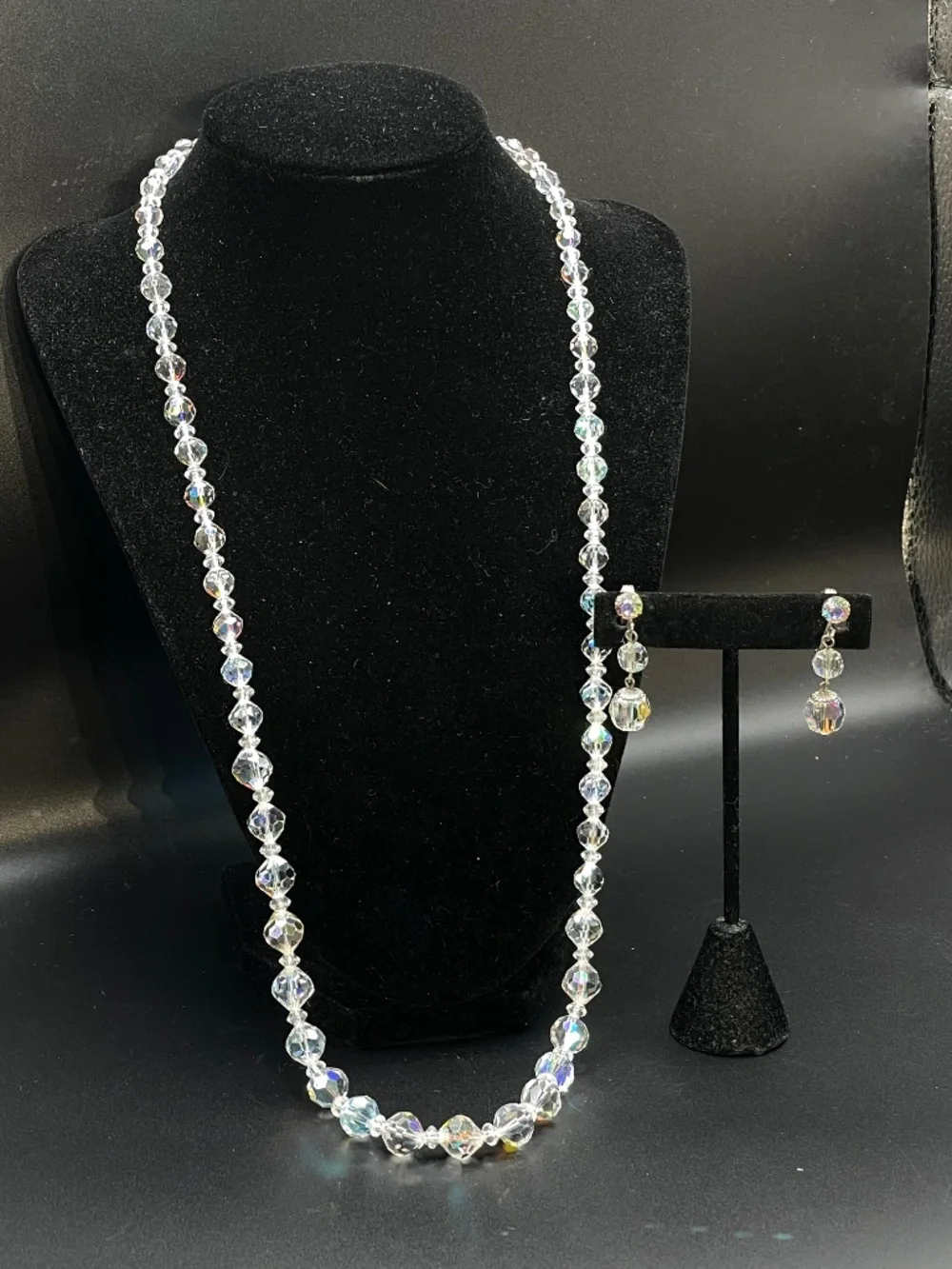 Vintage AB Glass Crystal Necklace Clip-on Earrings Set